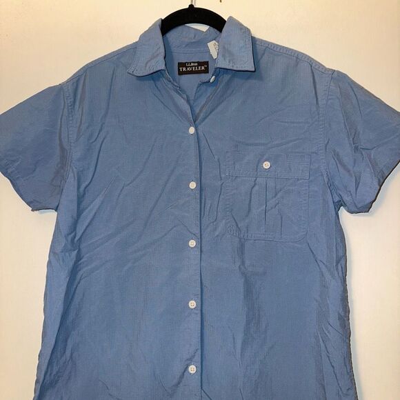 L.L. Bean Traveler Women’s Collared Button Short Sleeve Shirt Blue Small EUC - Picture 3 of 11